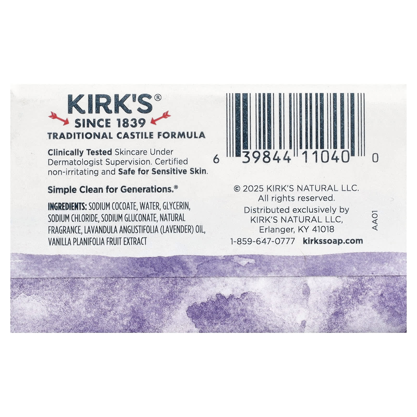 Kirk's, 100% Premium Coconut Oil Castile Bar Soap, Lavender & Vanilla, 1.13 oz (32 g)