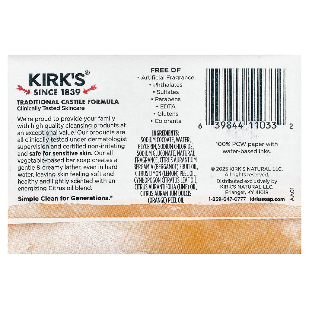 Kirk's, 100% Premium Coconut Oil Castile Bar Soap, Citrus Twist, 4 oz (113 g)