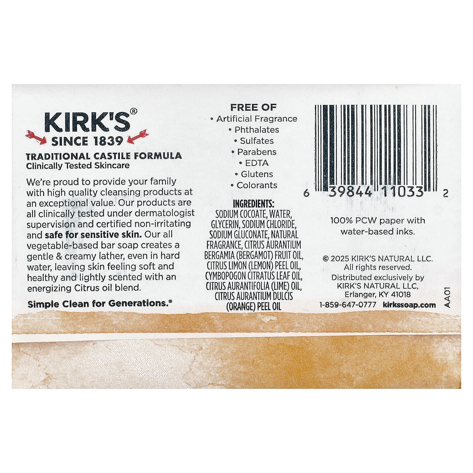 Kirk's, 100% Premium Coconut Oil Castile Bar Soap, Citrus Twist, 4 oz (113 g)