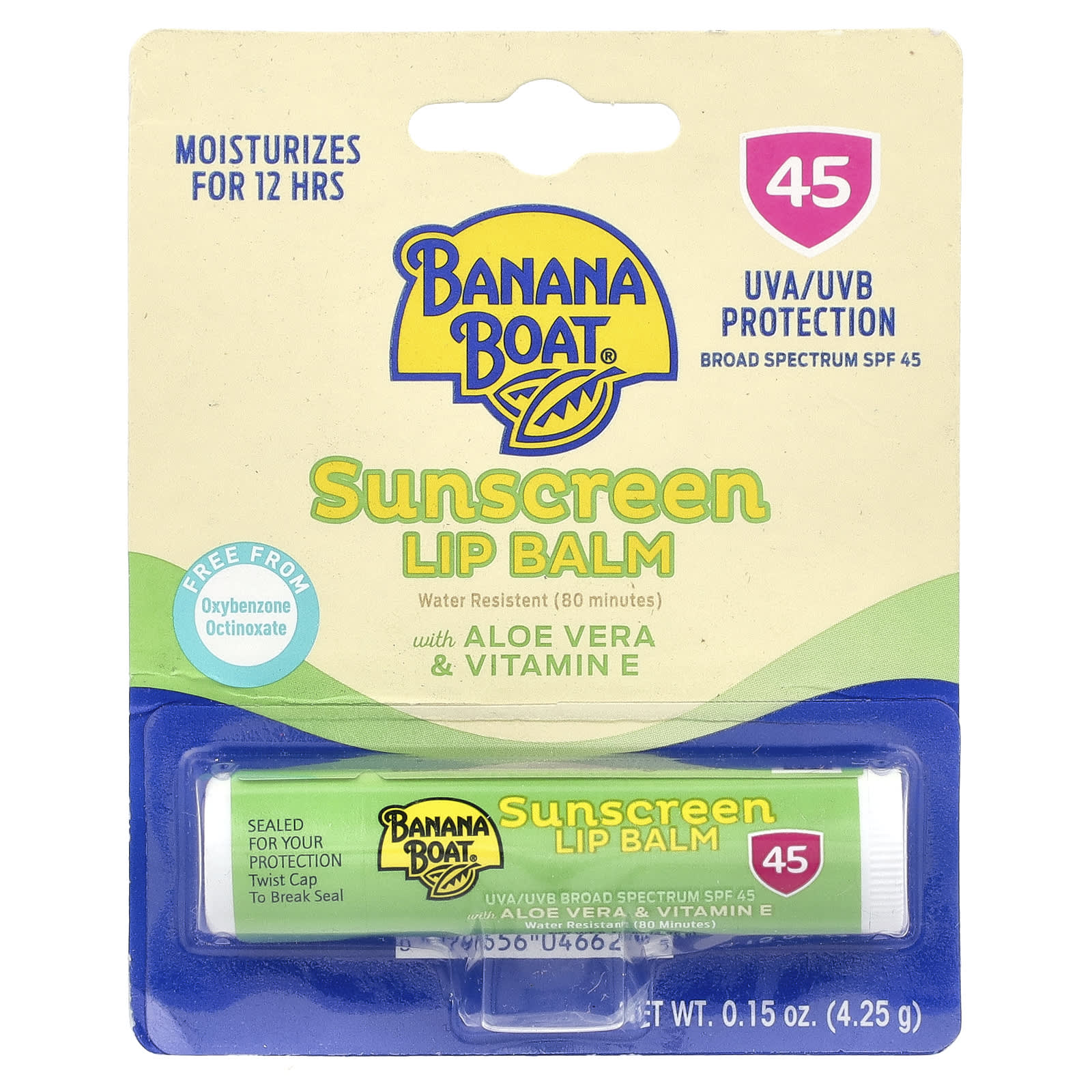 Banana Boat, Sunscreen Lip Balm With Aloe Vera & Vitamin E, SPF 45, 0.15 oz (4.25 g)