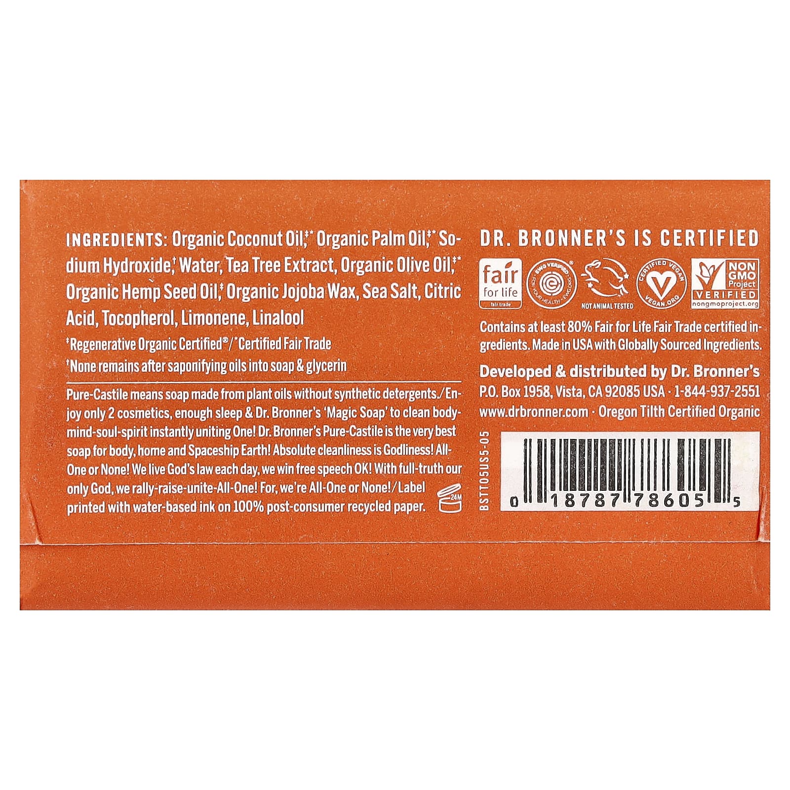 Dr. Bronner's, All-One Pure-Castile Magic Bar Soap, Tea Tree, 5 oz (140 g)