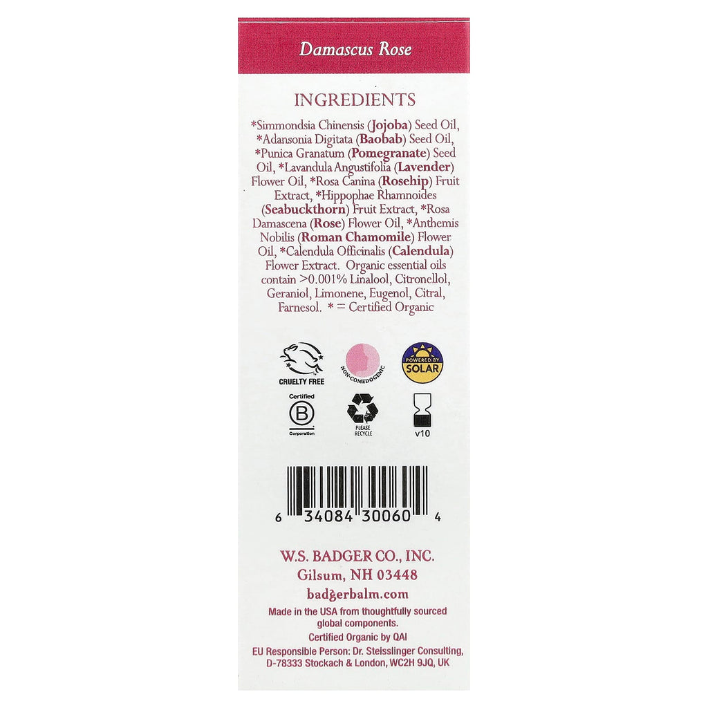 Badger, Damascus Rose Face Oil, For Dry/Delicate Skin, 1 fl oz (29.5 ml)