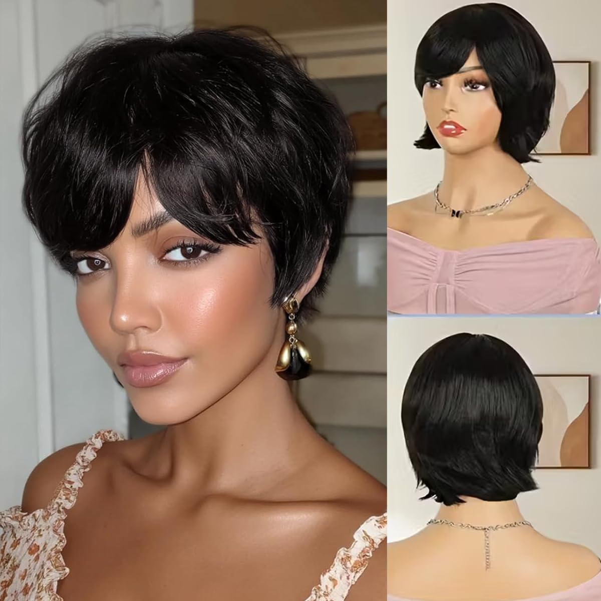 100% Human Hair Short Wig with Adjustable Straps
