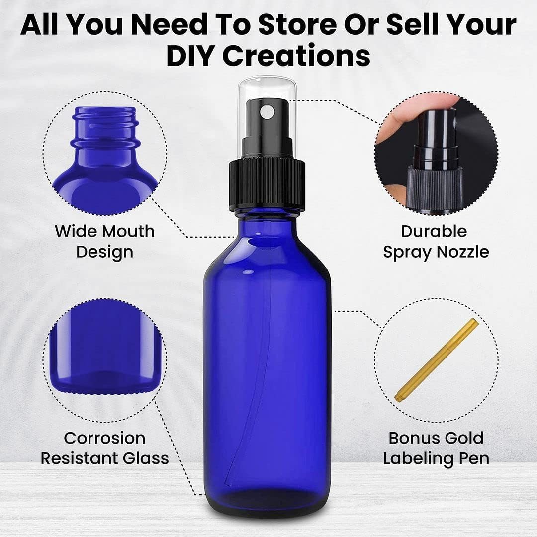 CULINAIRE 2 Oz Blue Glass Spray Bottles with Fine Mist Sprayer and Gold Marker