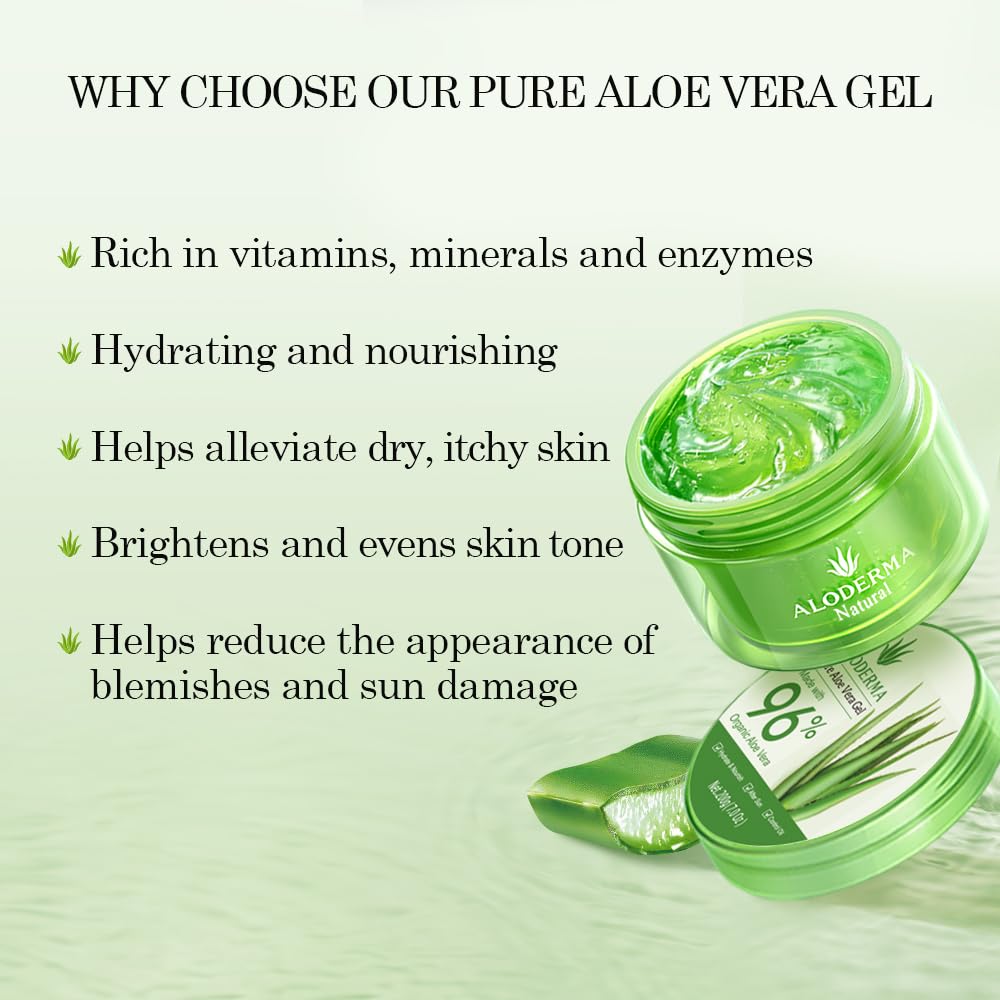 Aloderma 96% Pure Organic Aloe Vera Gel for Skin, Scalp & Hair