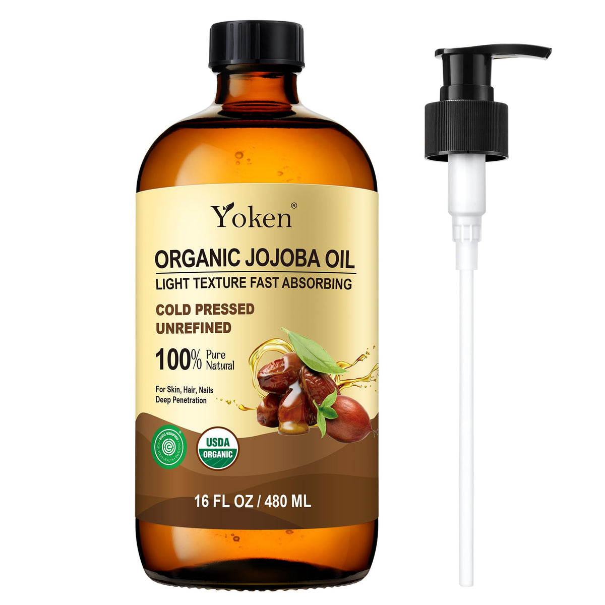 Yoken Organic Jojoba Oil, Pure Cold Pressed Unrefined