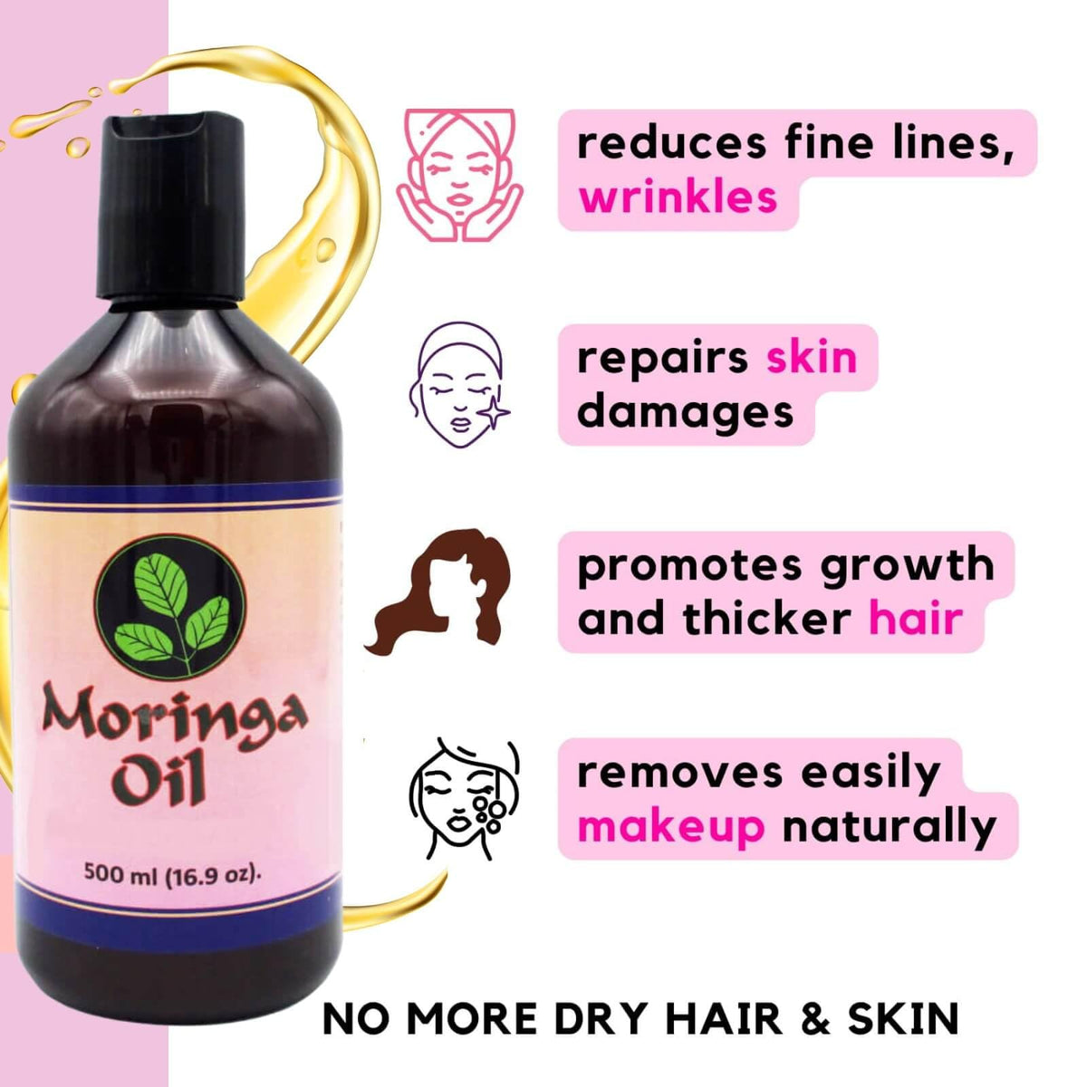 100% Pure Cold-Pressed Unrefined Moringa Oil for Face, Hair & Body