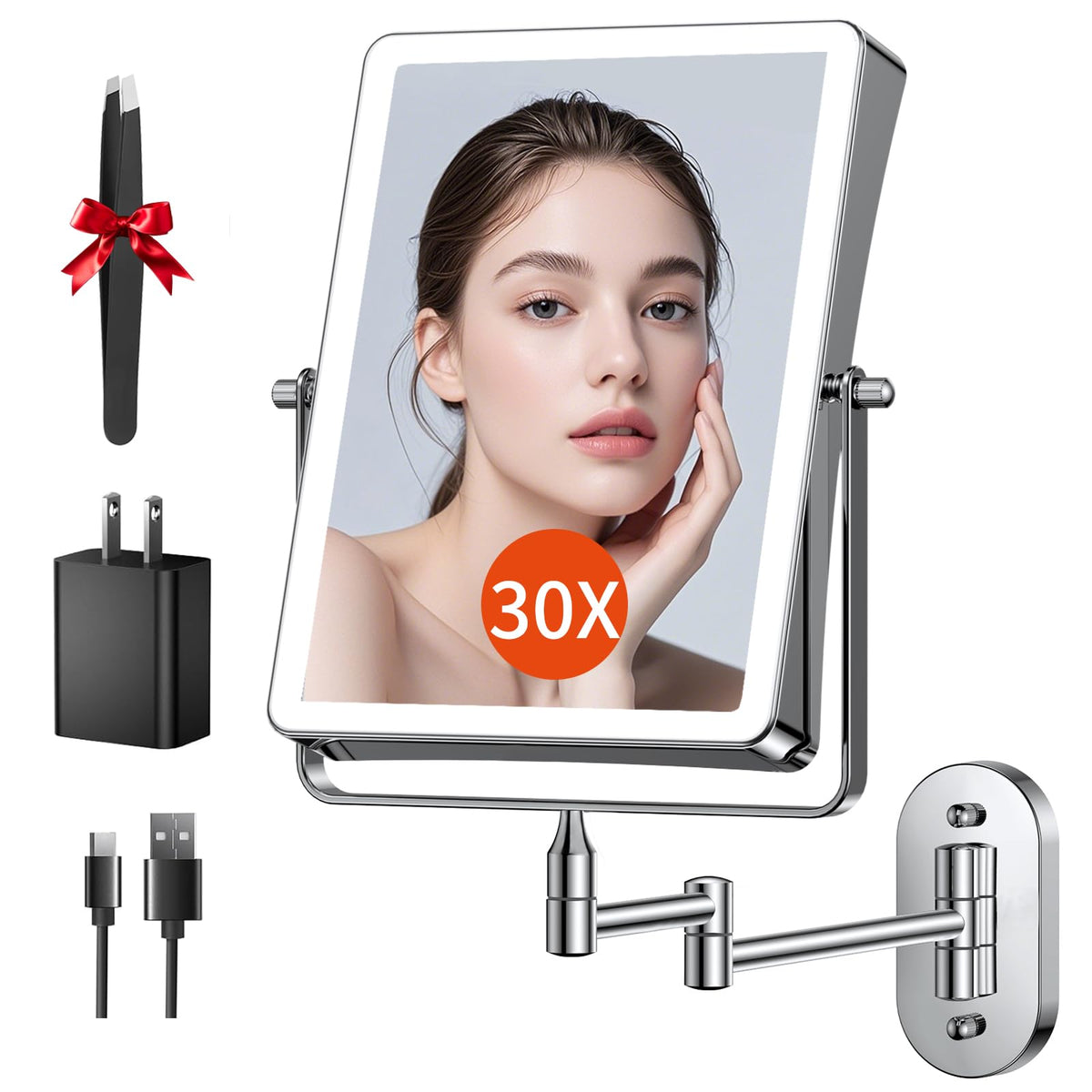 FUNTOUCH Rechargeable Wall Mounted Lighted Makeup Mirror, 1X/30X