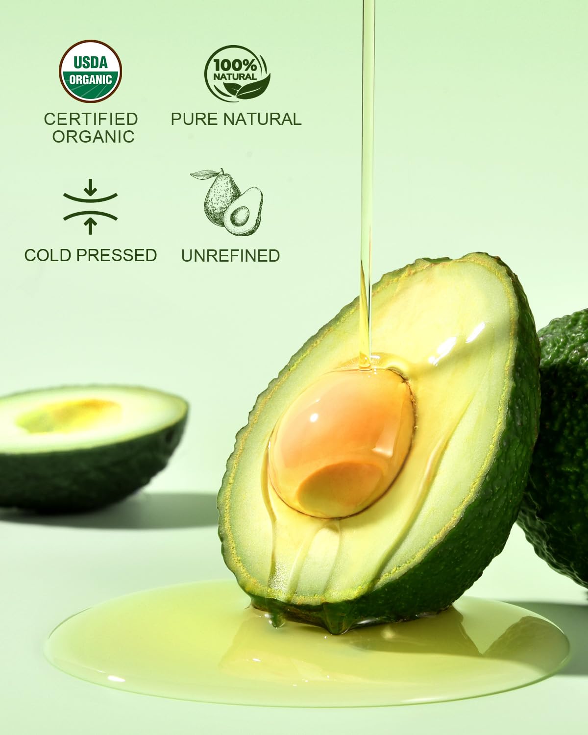 Organic Avocado Oil 16 oz Glass Bottle, Cold-Pressed Hair & Skin Oil