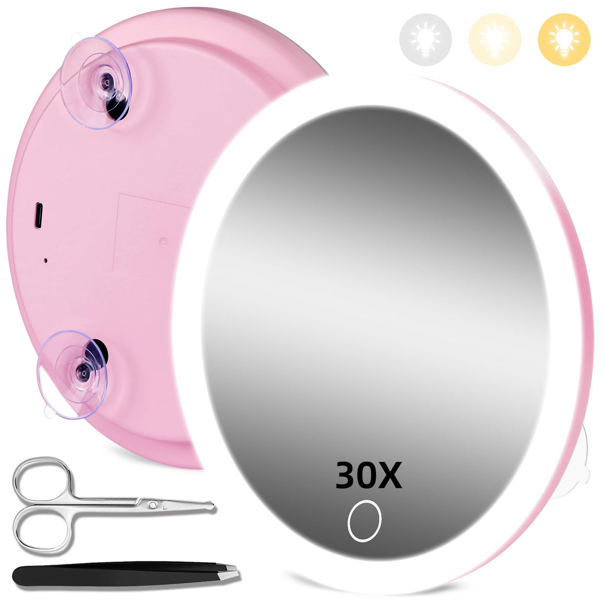 30X Magnifying Mirror with Lights, Rechargeable 6-Inch Travel Mirror