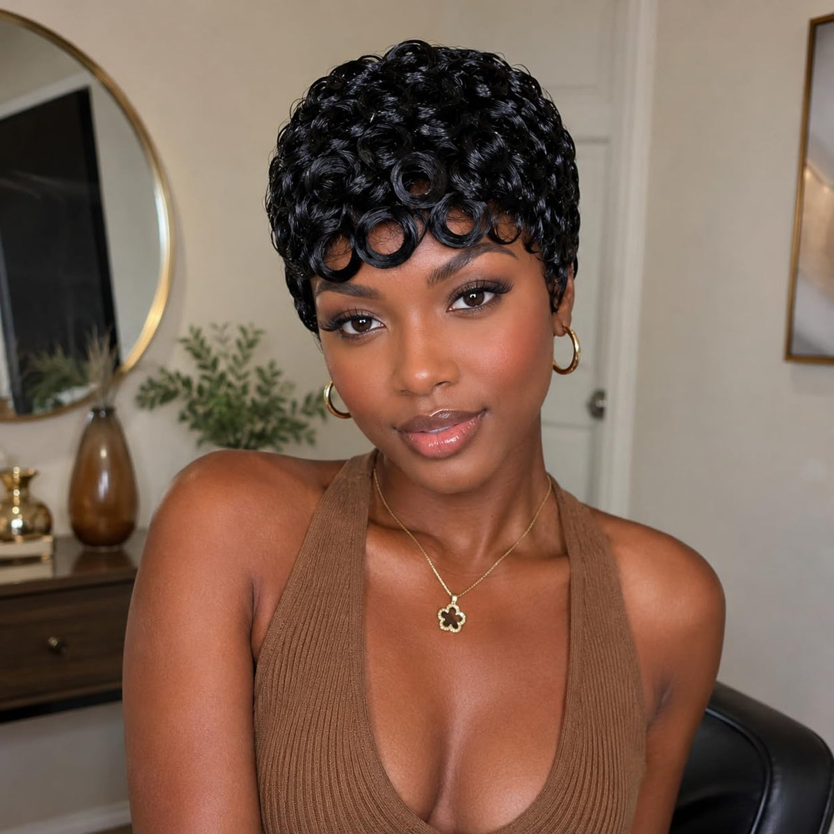 100% Virgin Human Hair Glueless Curly Pixie Cut Wig, 6 Inch