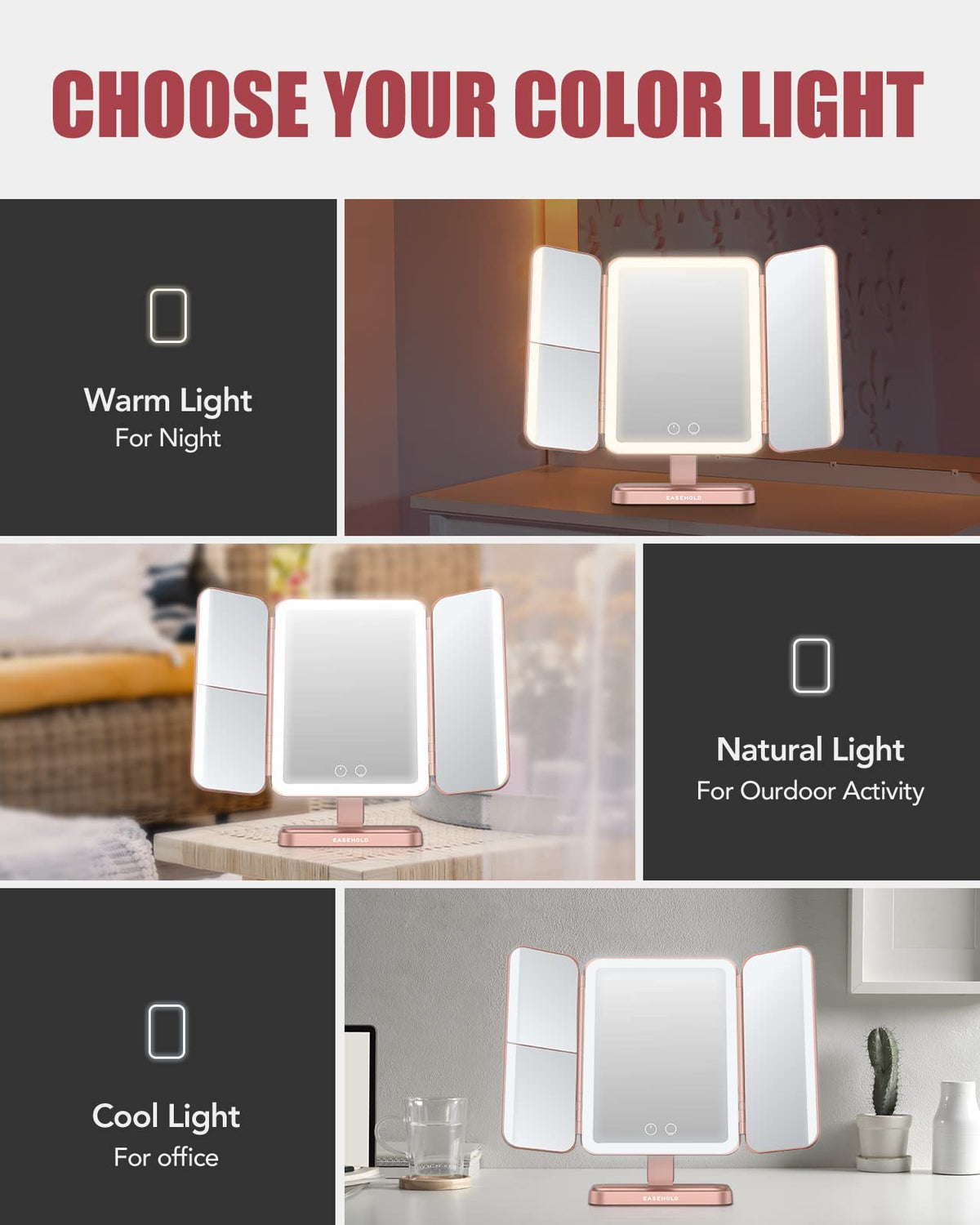 EASEHOLD Rechargeable LED Makeup Vanity Mirror with Magnification