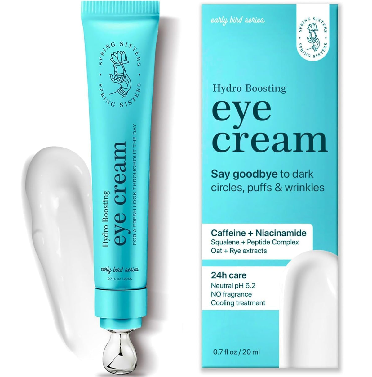 Spring Sisters Under Eye Cream with Caffeine, Niacinamide and Zinc Roller