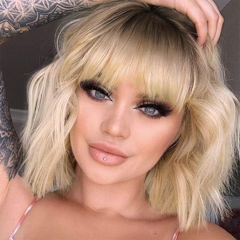 MISSQUEEN Short Wavy Bob Wig with Bangs, Synthetic Heat-Resistant Hair