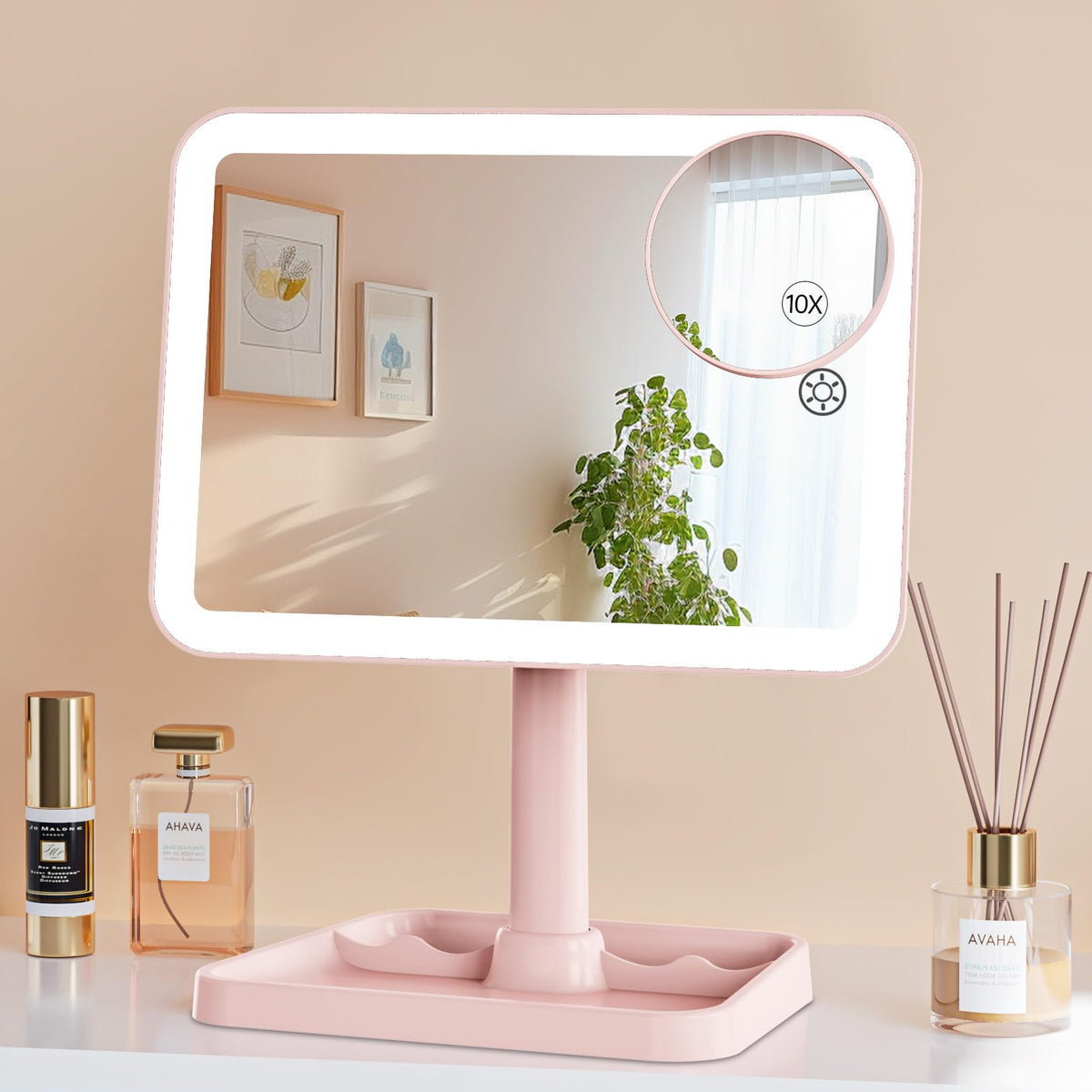 Famihomii Pink Rechargeable Lighted Makeup Mirror with 10X Magnification