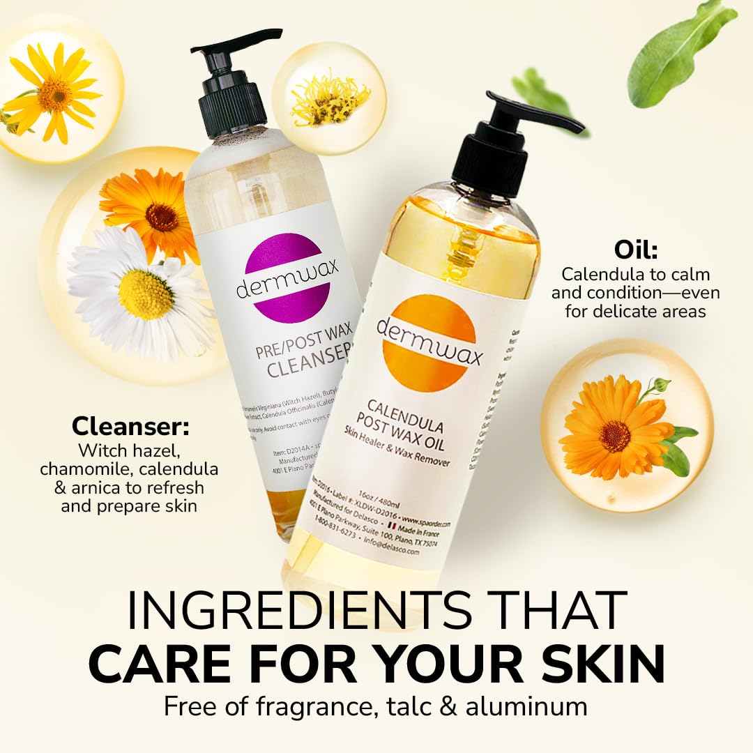 Dermwax Pre & Post Wax Care Kit with Cleanser and Calendula Oil