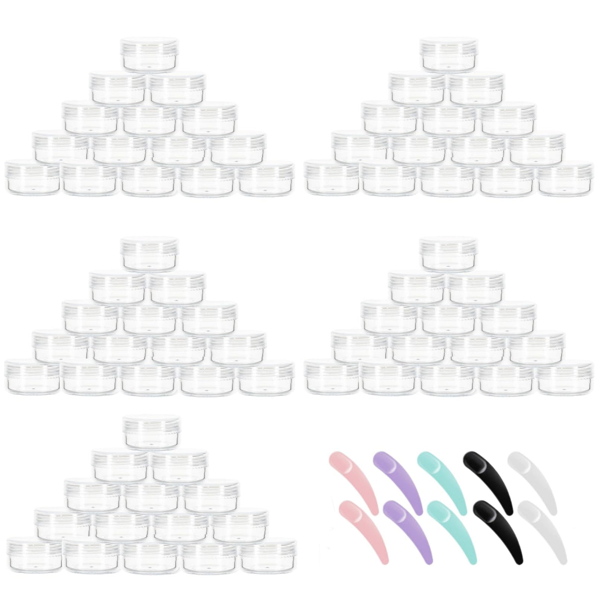 Refillable Cosmetic Sample Jars, 10g, 100 Pack with Lids and Spatulas
