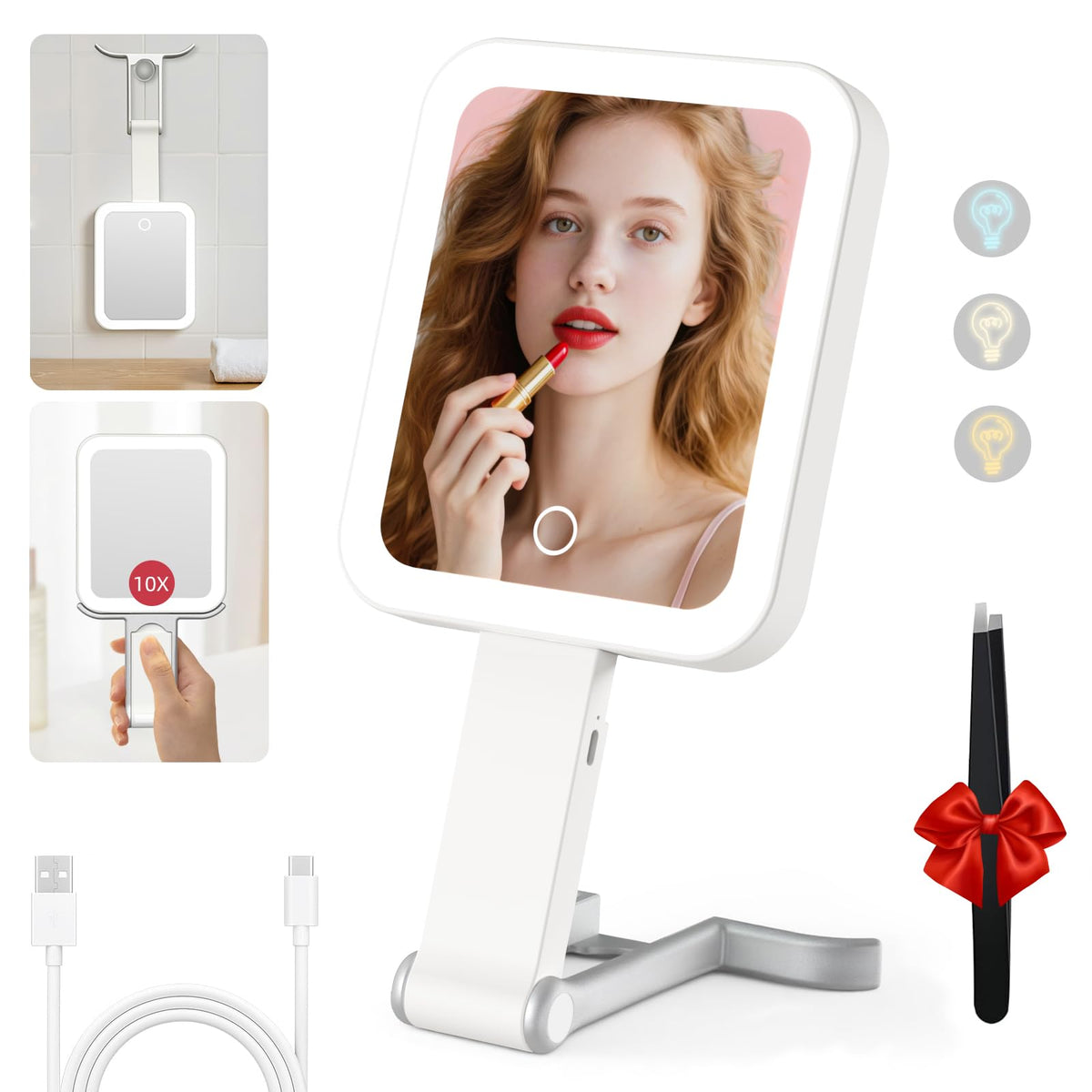 GioeDa Ivory White Travel Makeup Mirror with Lights, 10X/1X Magnification