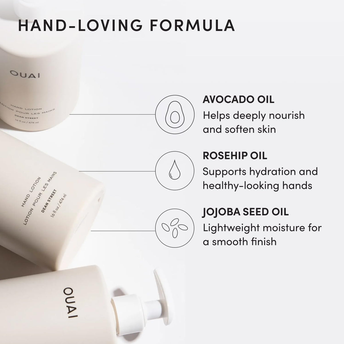 OUAI Hand Lotion, Lightweight Hydrating Moisturizer with Avocado, Rosehip and Jojoba Oils