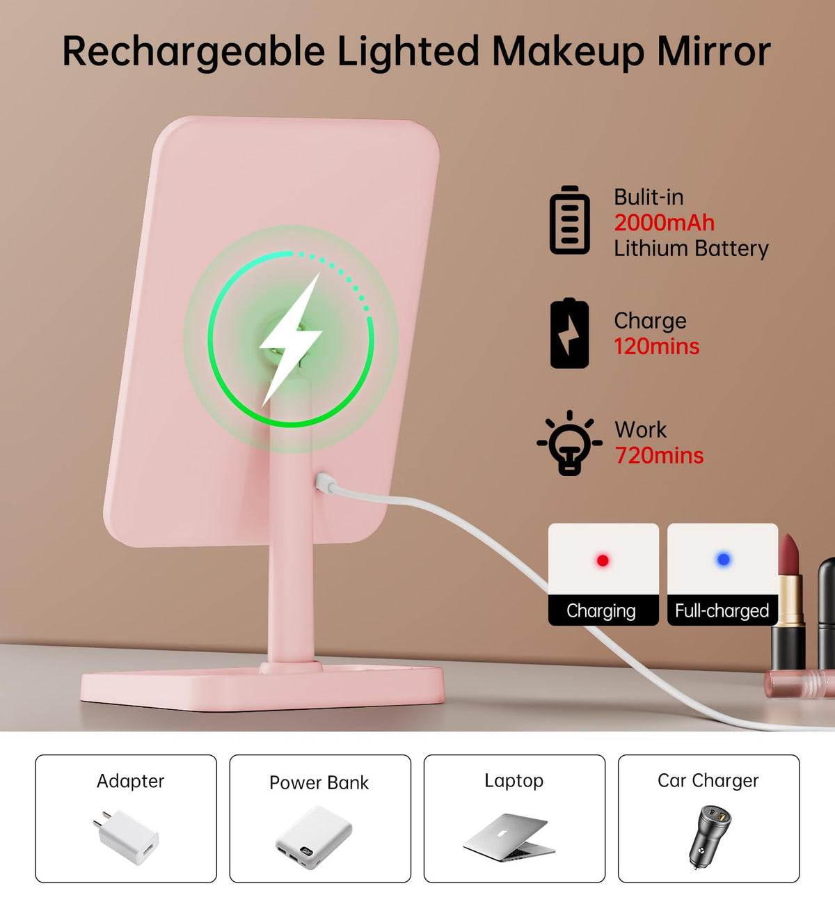 Famihomii Pink Rechargeable Lighted Makeup Mirror with 10X Magnification