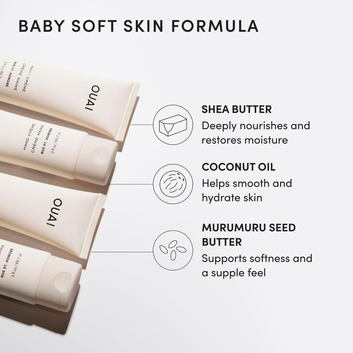 OUAI Hand Cream with Coconut Oil, Murumuru Butter and Shea Butter, 3 Oz