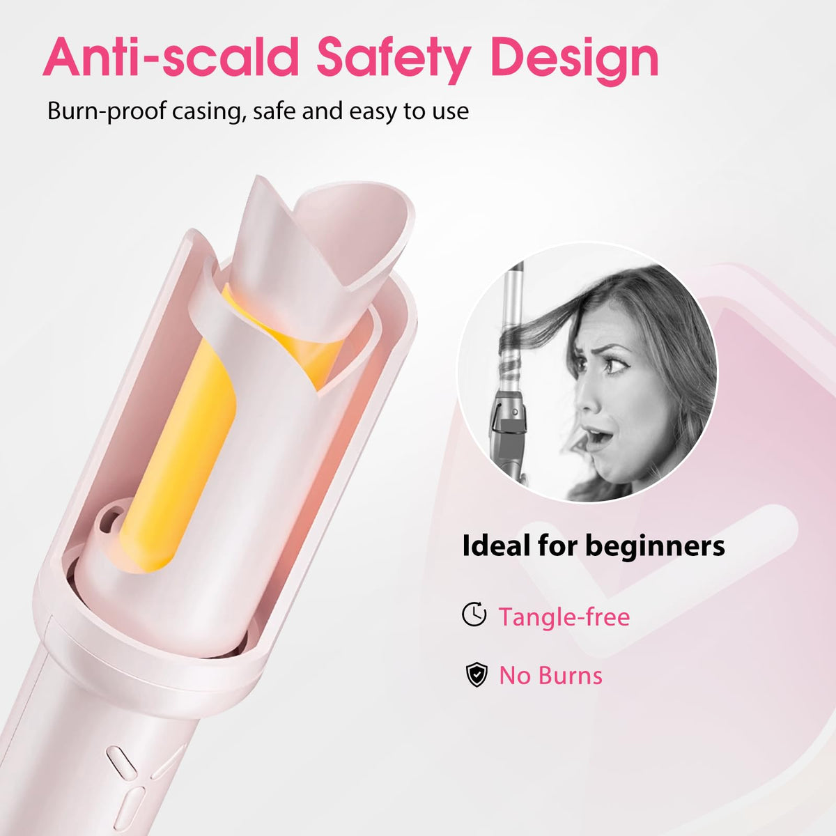Cordless Automatic Hair Curler, Pink, Rechargeable Rotating Curling Iron