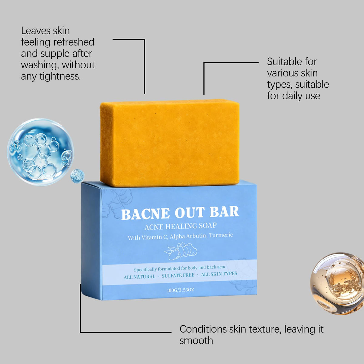 2 PCS Bacne Out Back Acne Cleansing Soap with Turmeric, Vitamin C & Alpha Arbutin