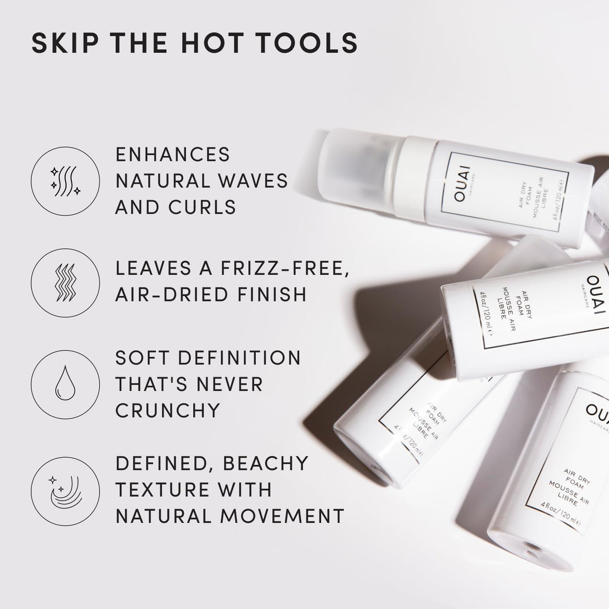 OUAI Air Dry Foam Hair Mousse for Curly and Wavy Hair, 4 Fl Oz