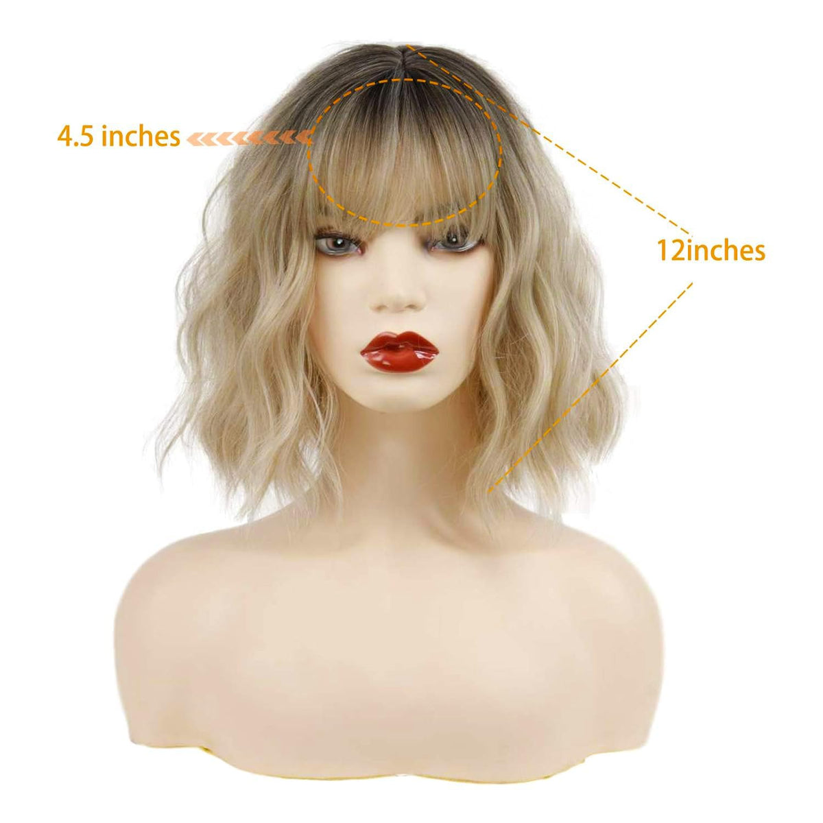 MISSQUEEN Short Wavy Bob Wig with Bangs, Synthetic Heat-Resistant Hair