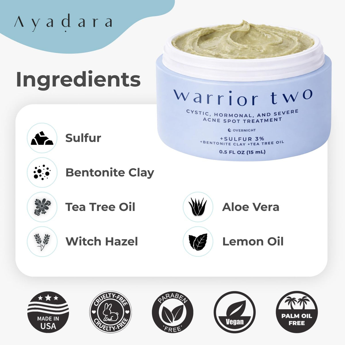 Warrior Two Cystic Acne Spot Cream with Sulfur for Face & Body