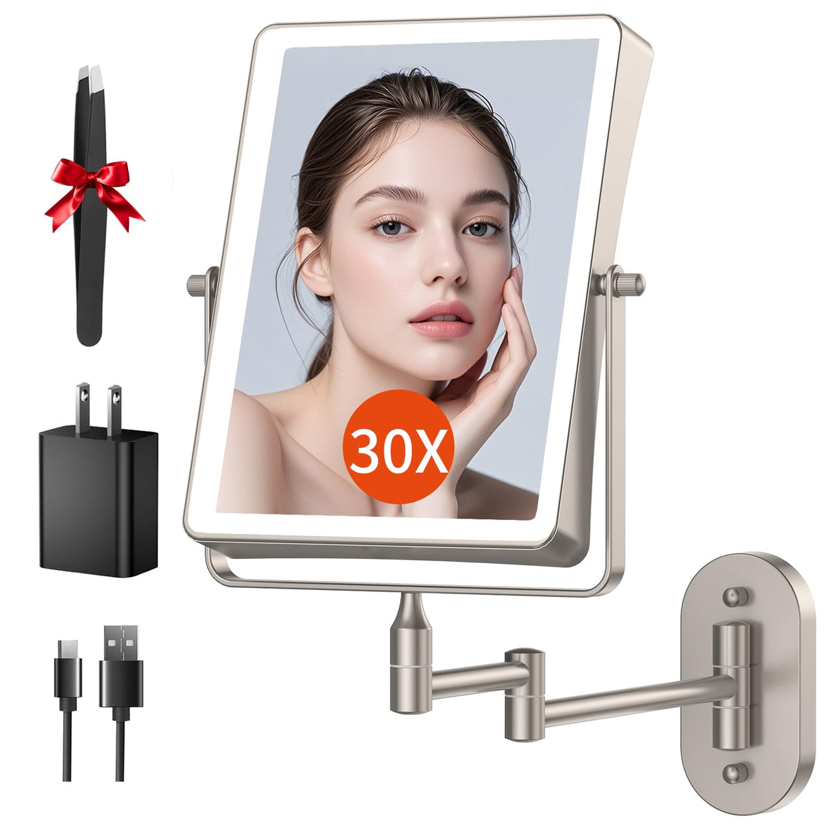 FUNTOUCH Rechargeable Wall Mounted Lighted Makeup Mirror, 1X/30X