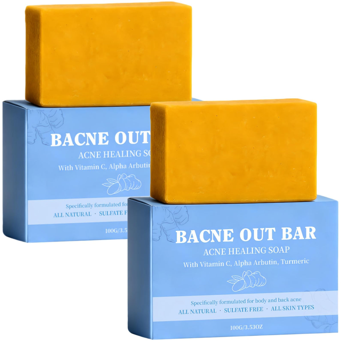 2 PCS Bacne Out Back Acne Cleansing Soap with Turmeric, Vitamin C & Alpha Arbutin