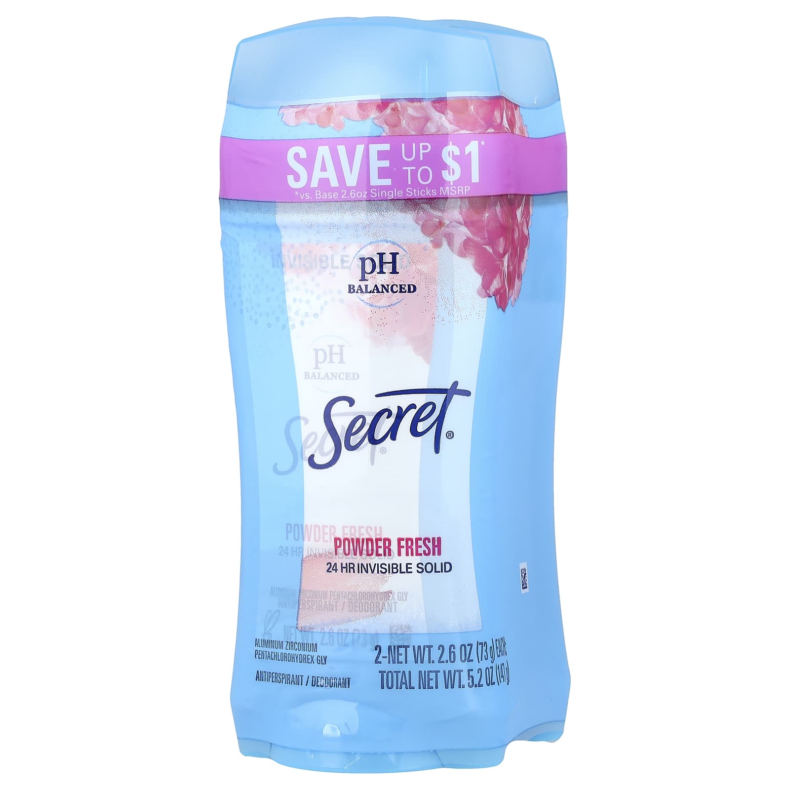 Secret, pH Balanced Invisible Solid Antiperspirant/Deodorant, Powder Fresh, Twin Pack, 2.6 oz (73 g) Each