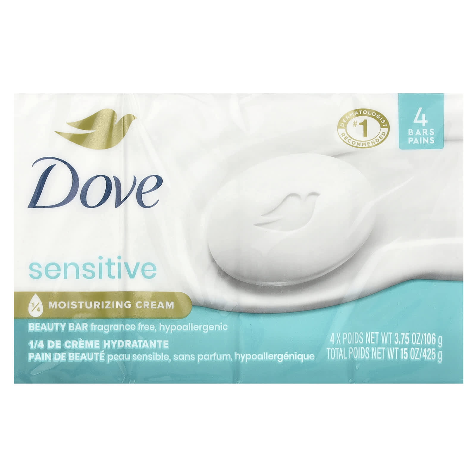 Dove, Beauty Bar Soap, Sensitive Skin, Fragrance Free, 4 Bars, 3.75 oz (106 g) Each
