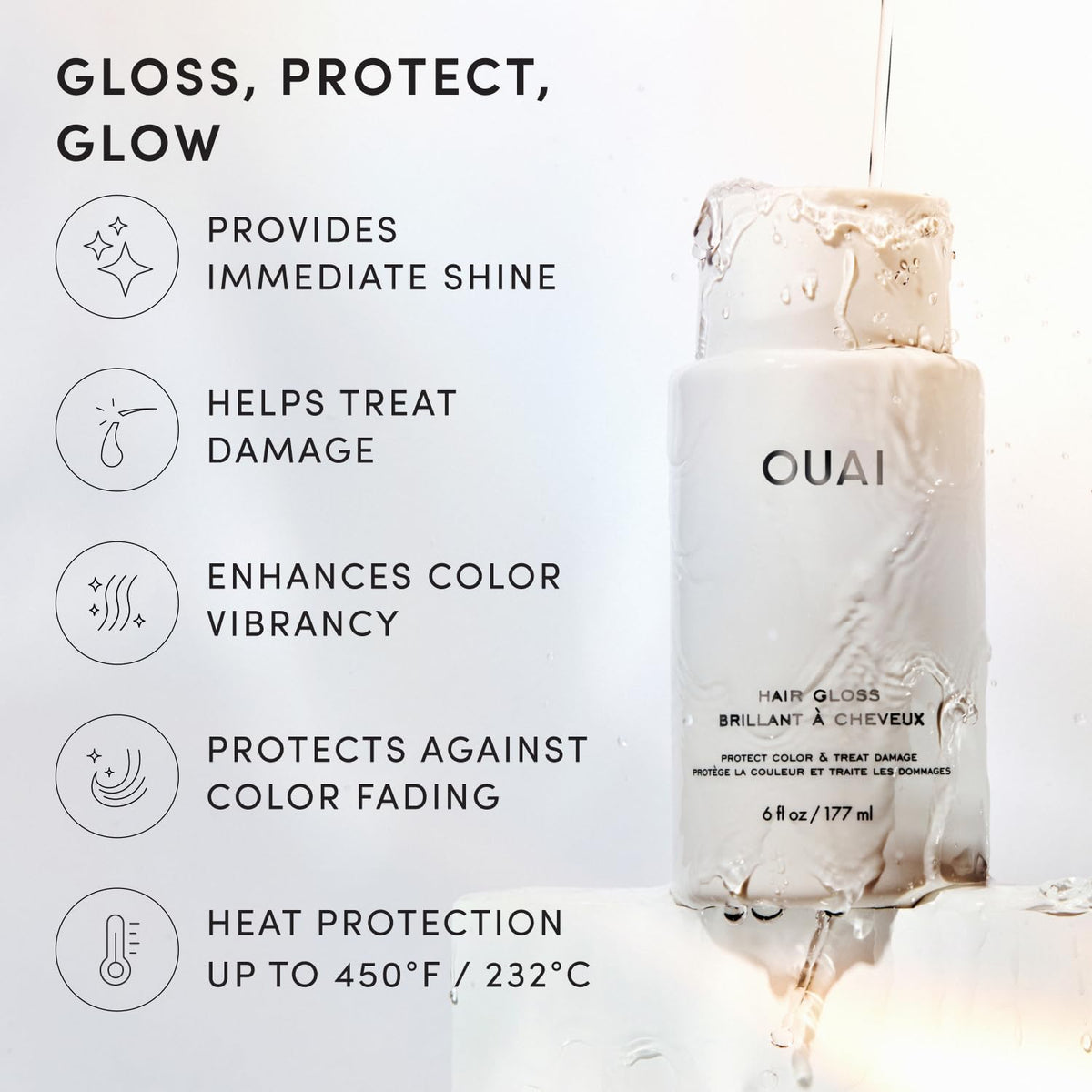 OUAI Hair Gloss In-Shower Shine Treatment, Frizz Control & Heat Protection, 6 Oz