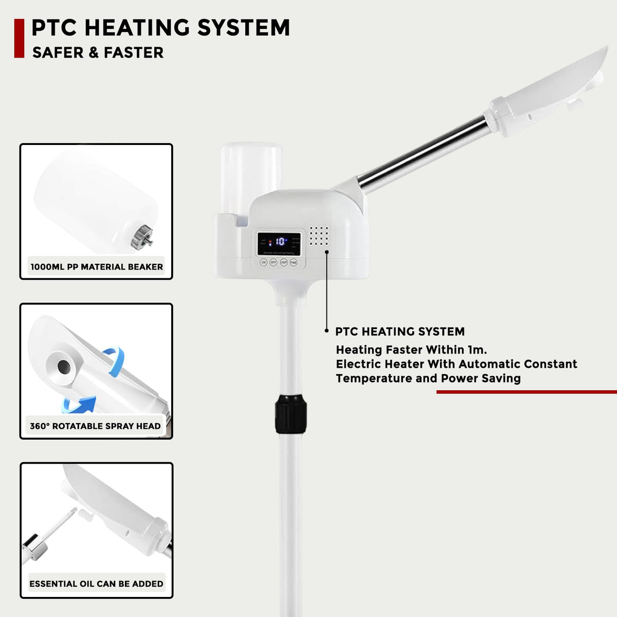 Professional Facial Steamer on Wheels with Touch Screen, Timer and Adjustable Height