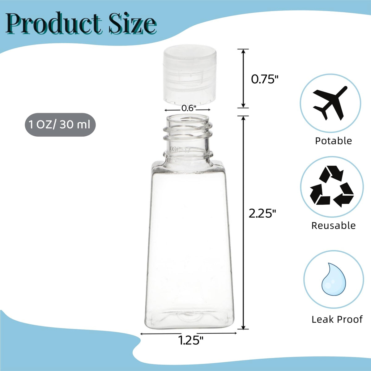 100 Pack 1 oz Clear PET Travel Bottles with Flip Cap, Refillable Toiletry Containers