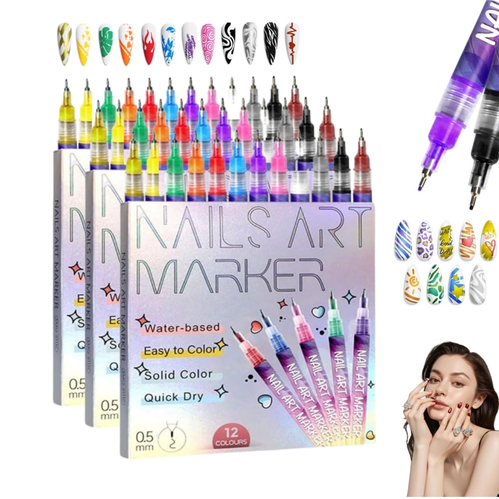 12-Color Nail Art Pens Set for Drawing, Dotting and 3D Designs