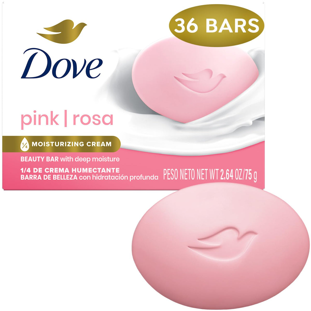 Dove Beauty Bar Pink Soap, 36-Pack, 2.64 Oz with ¼ Moisturizing Cream