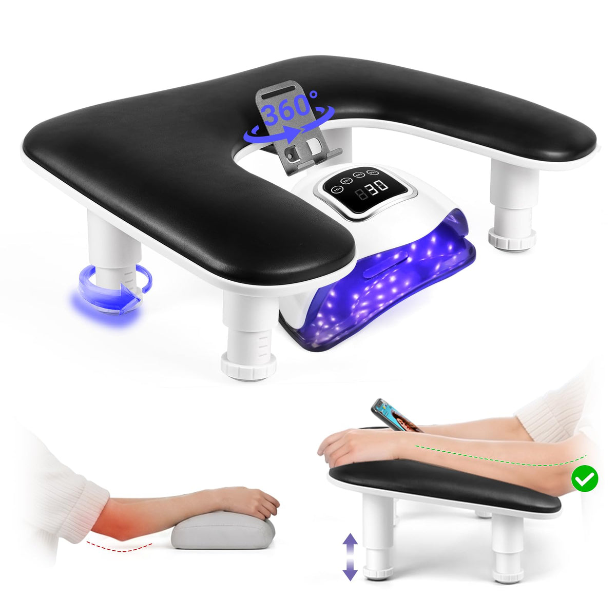 Nail Tech Arm Rest with Phone Holder, Adjustable U-Shaped PU Leather Stand