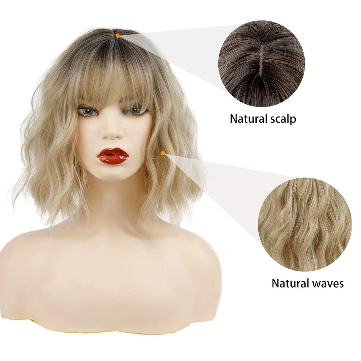 MISSQUEEN Short Wavy Bob Wig with Bangs, Synthetic Heat-Resistant Hair