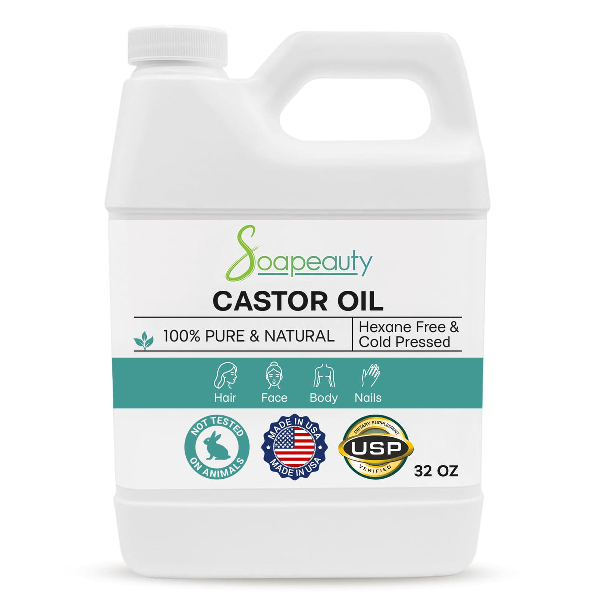 Soapeauty 100% Pure Cold-Pressed Castor Oil, USP Grade, Hexane-Free