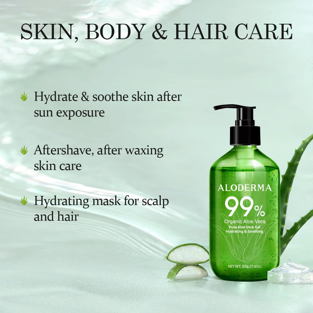 Aloderma Organic Aloe Vera Gel, 99% Aloe, Lightweight and Non-Sticky