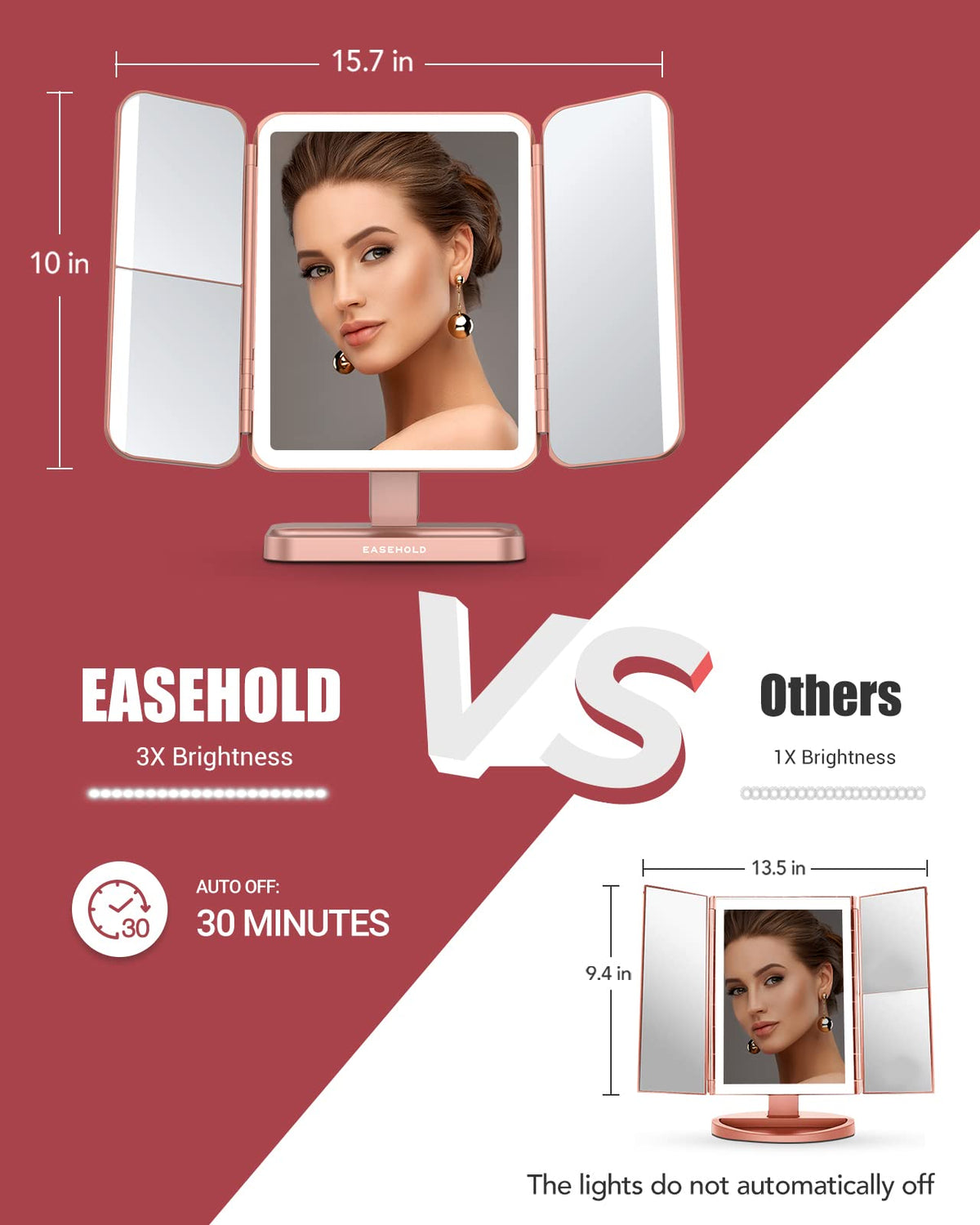 EASEHOLD Rechargeable LED Makeup Vanity Mirror with Magnification