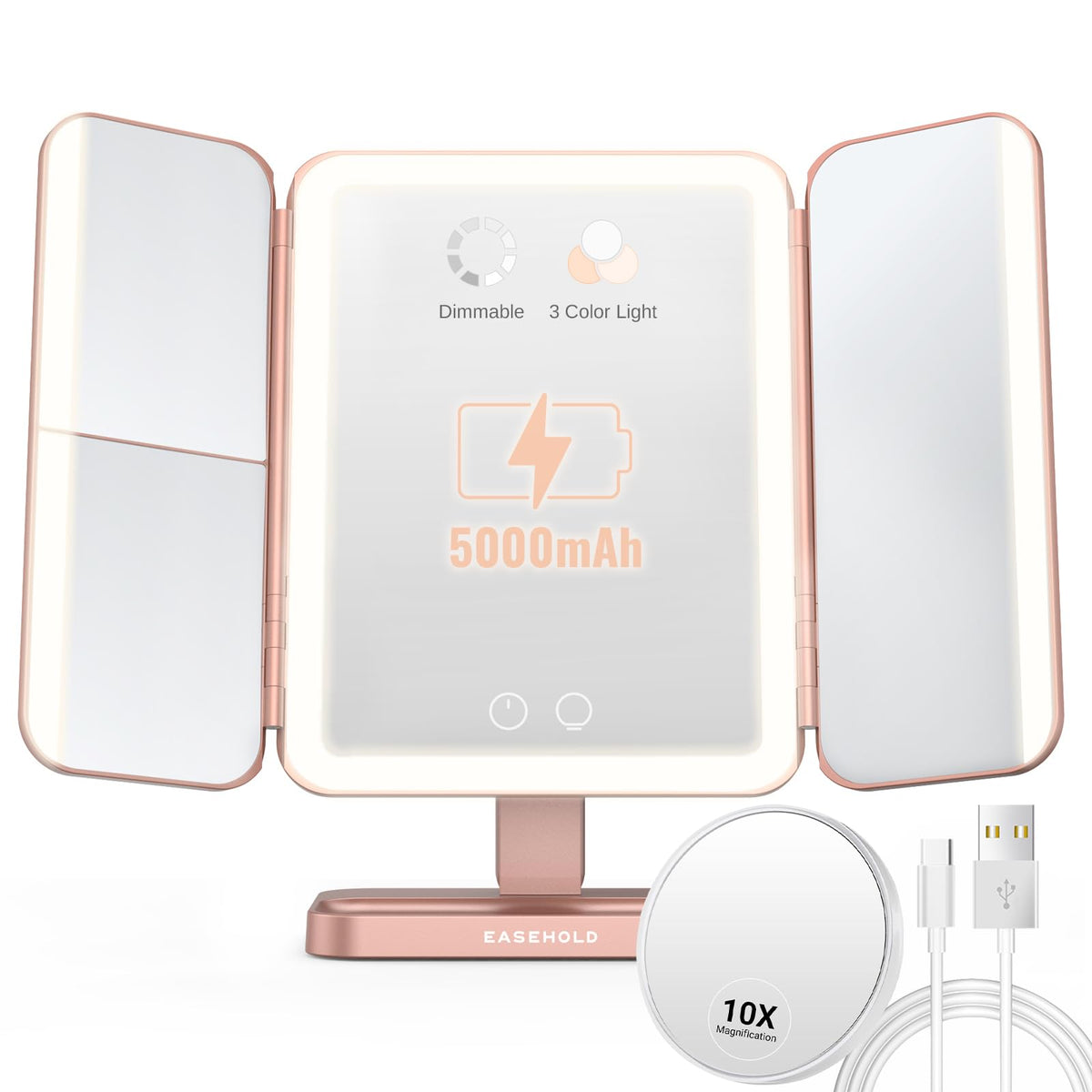 EASEHOLD Rechargeable LED Makeup Vanity Mirror with Magnification