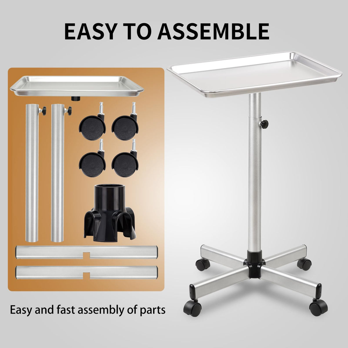 Metal Rolling Salon Tray Cart, Adjustable Service Tray with Wheels