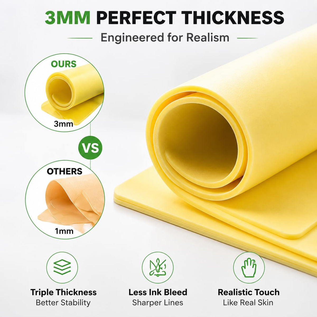 Premium 3mm Silicone Tattoo Practice Skin, Double-Sided Reusable Mat