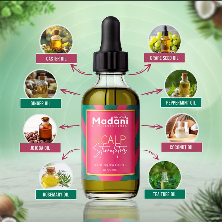 Madani Naturals Scalp Stimulator Hair Growth Oil with Rosemary & Mint, 2 fl oz