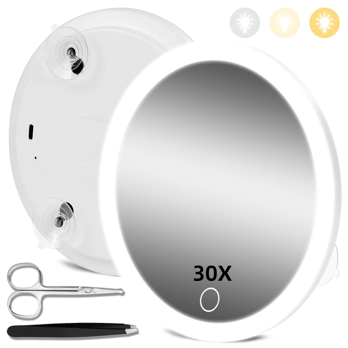 30X Magnifying Mirror with Lights, Rechargeable 6-Inch Travel Mirror