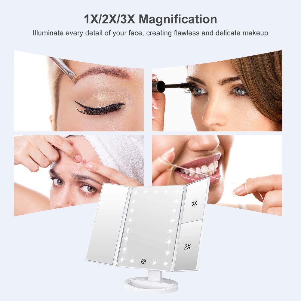 WEILY LED Tri-Fold Makeup Mirror with Magnification